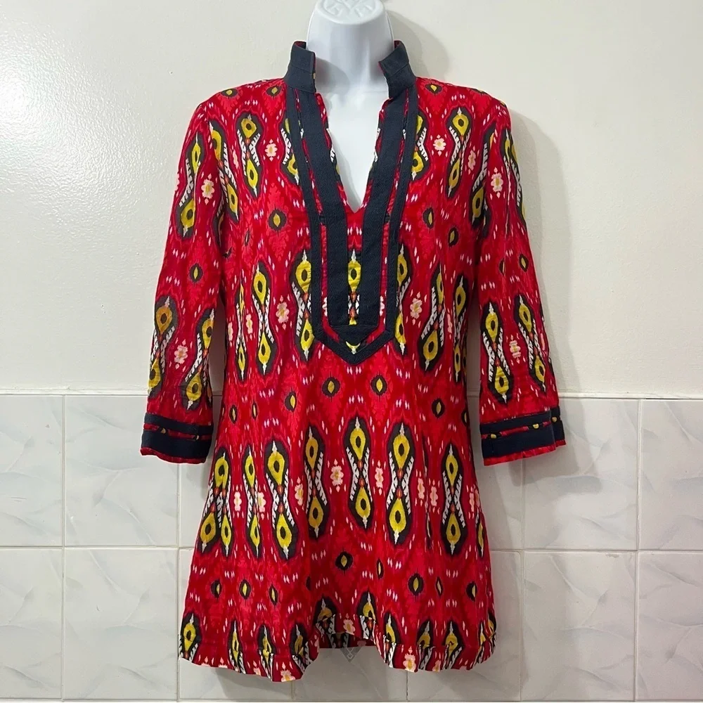 Tory Burch Women's 2 Cotton Ikat Print Long Sleeve Blouse Tunic Red Boho Resort